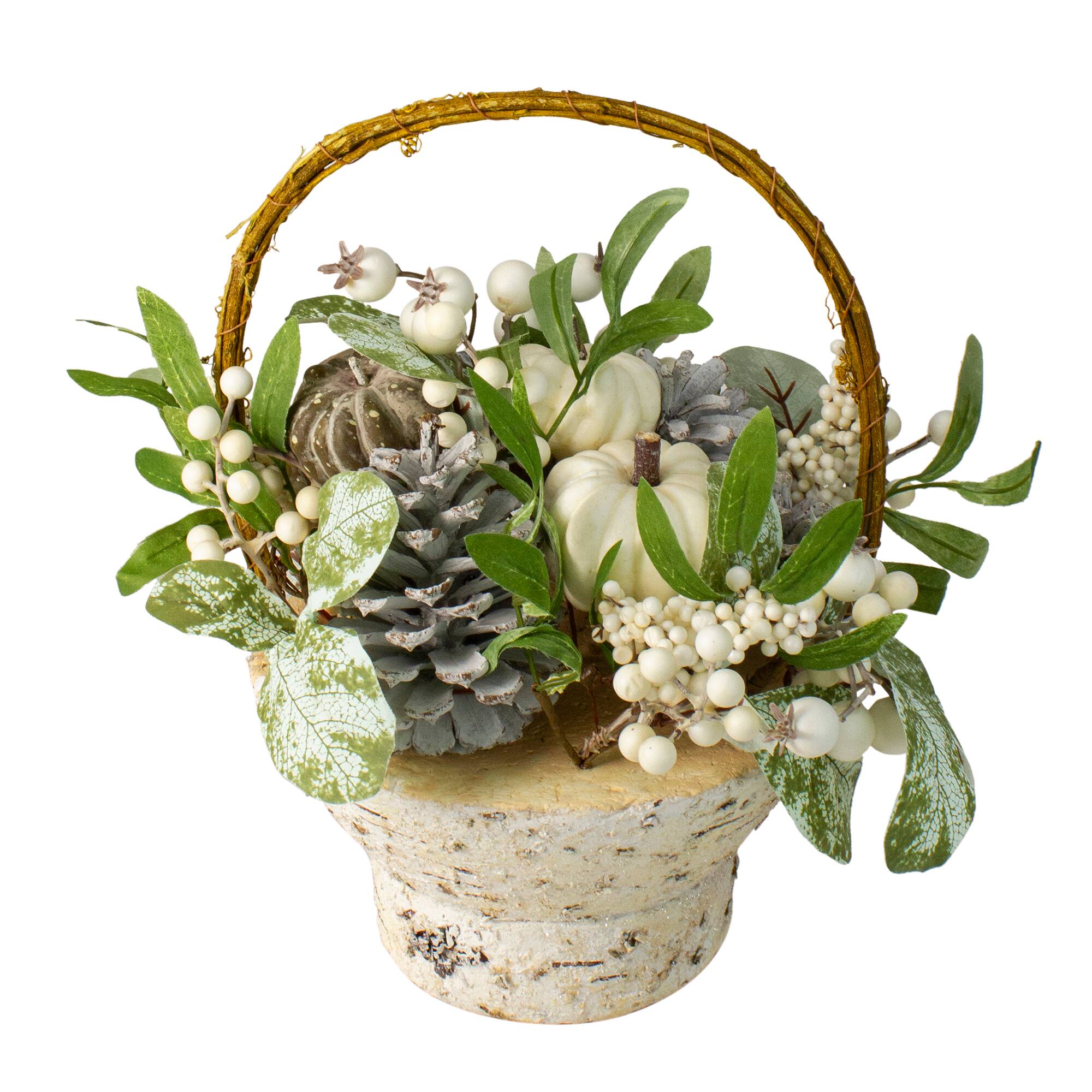 13" Green & Gold Artificial Pumpkin & Leaf Basket Arrangement